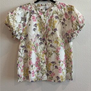Sugarlips at Avara  Floral Puff-Sleeve Blouse - White with Pink, Yellow & Purple